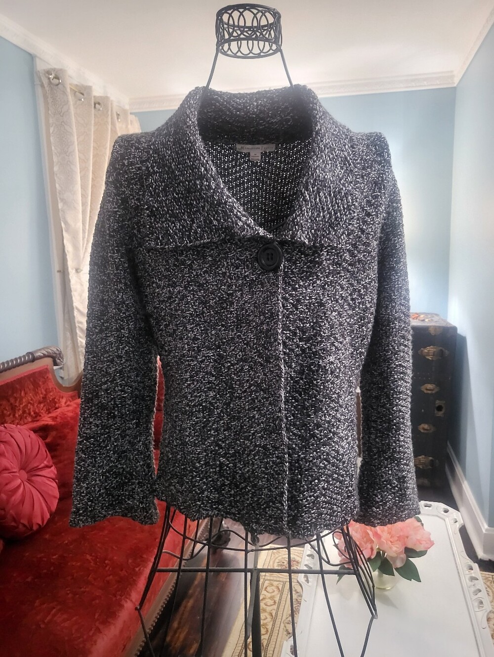 JM Collection Black & White Marled Knit Button Jacket